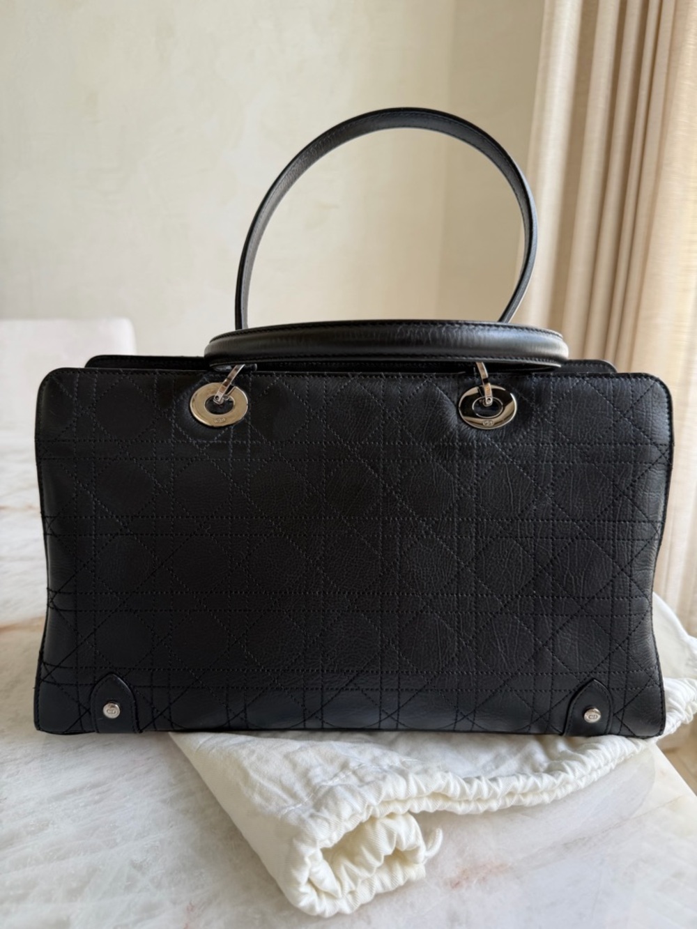 Christian Dior Vintage Black Cannage Leather Lady Dior Tote Bag w/Silver Tone - Picture 10 of 16